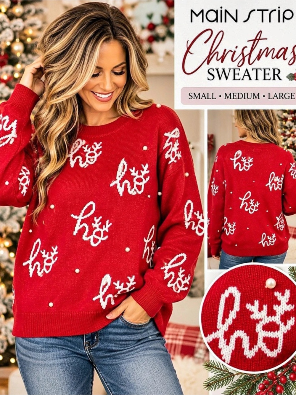 Main Strip Ho Holiday Knit Sweater Red & White Small